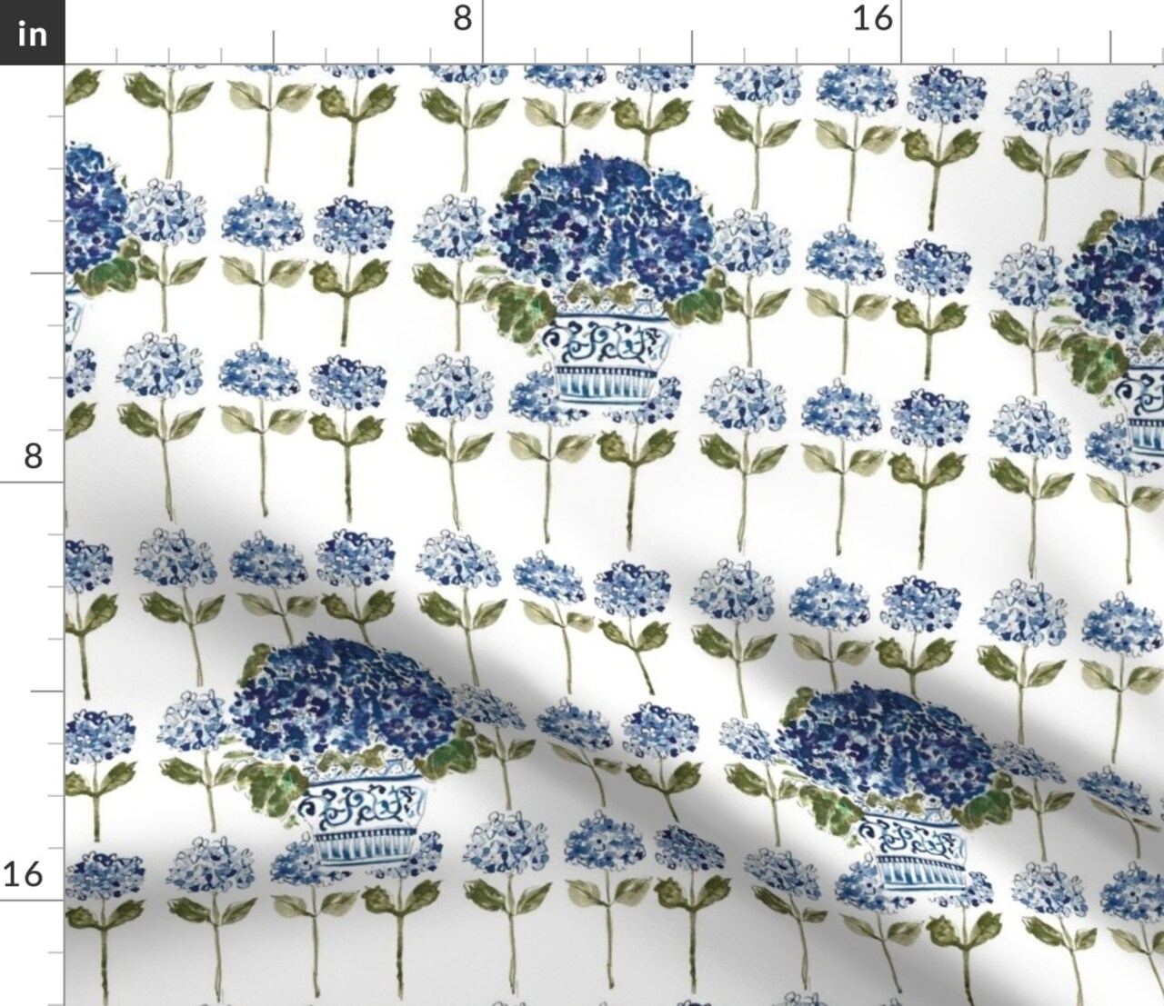 Blue French Country Garden Party Hydrangea Floral Chinoiserie Botanical Ginger Jar Watercolor Custom Printed Fabric by Spoonflower Various Fabrics by the Yard or Fat Quarter